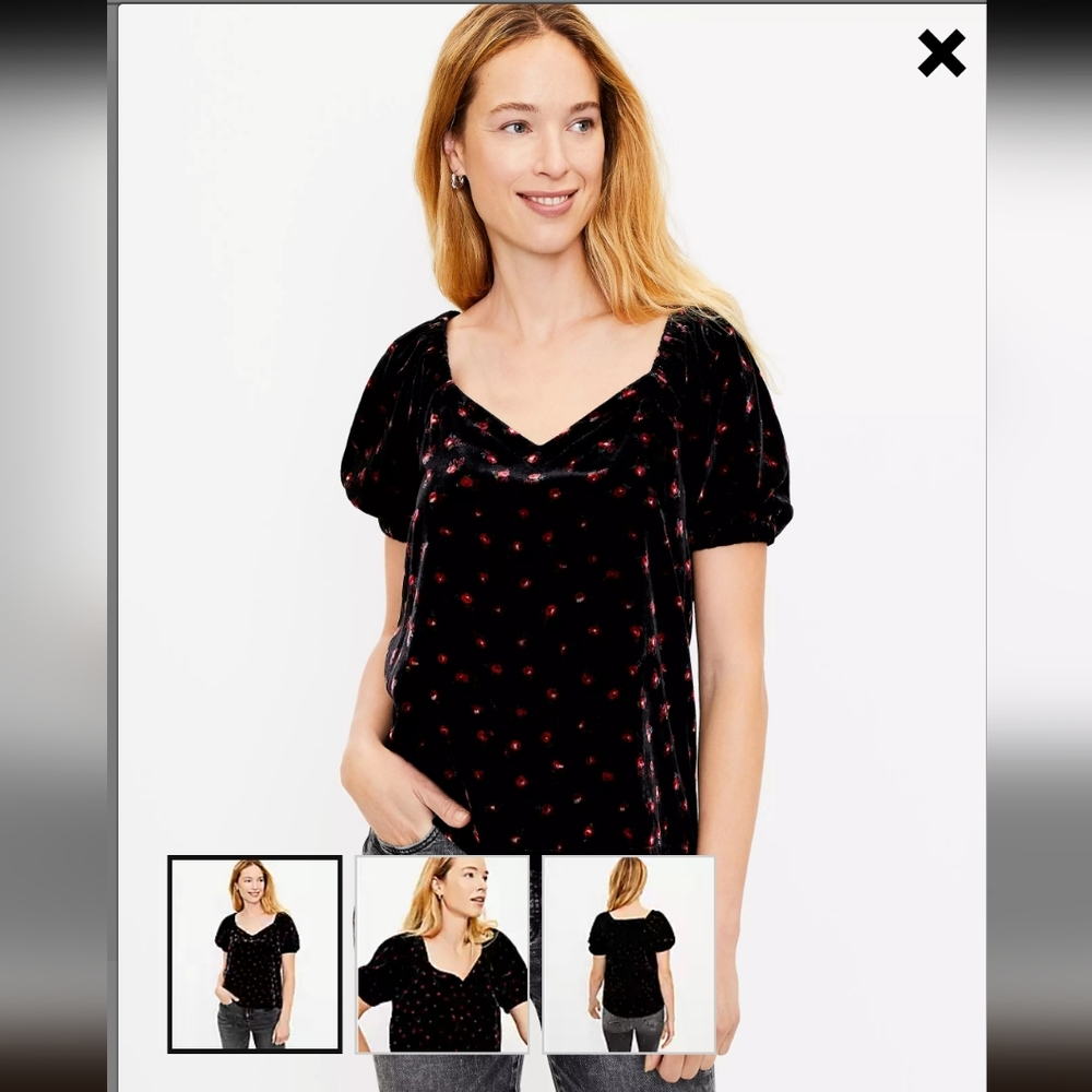LOFT NWT Floral Velvet Puff Sleeve Top Womens Size XS Black Red